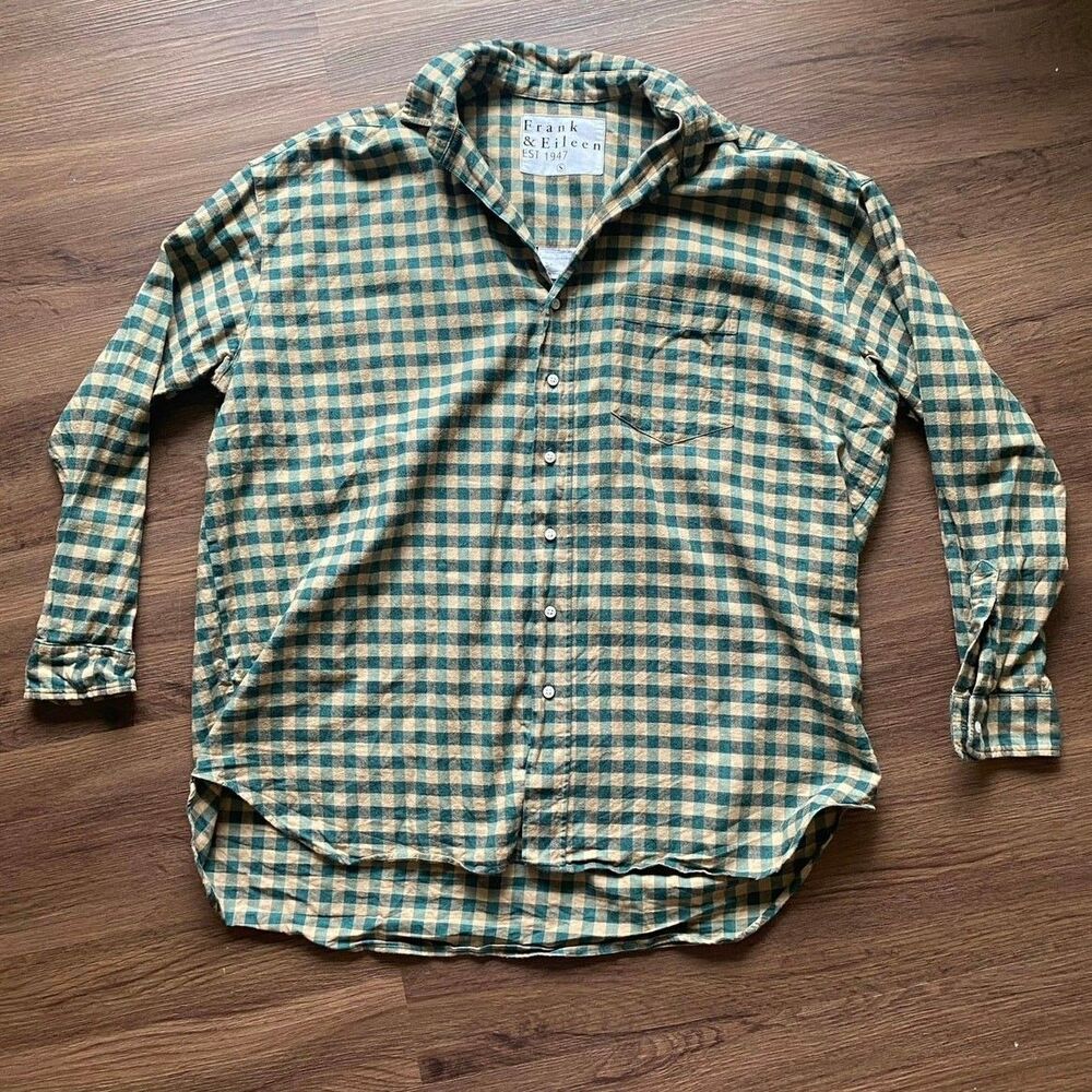 Frank & Eileen Shirley Shirly Button Down Gingham Boyfriend Shirt Green Beige